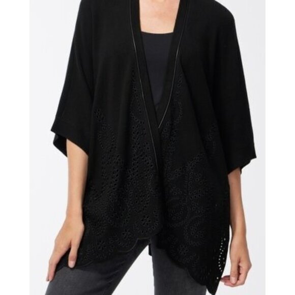 Chicos Womens Embroidered Eyelet Sweater Ruana Poncho Black size Small Medium - Picture 4 of 15